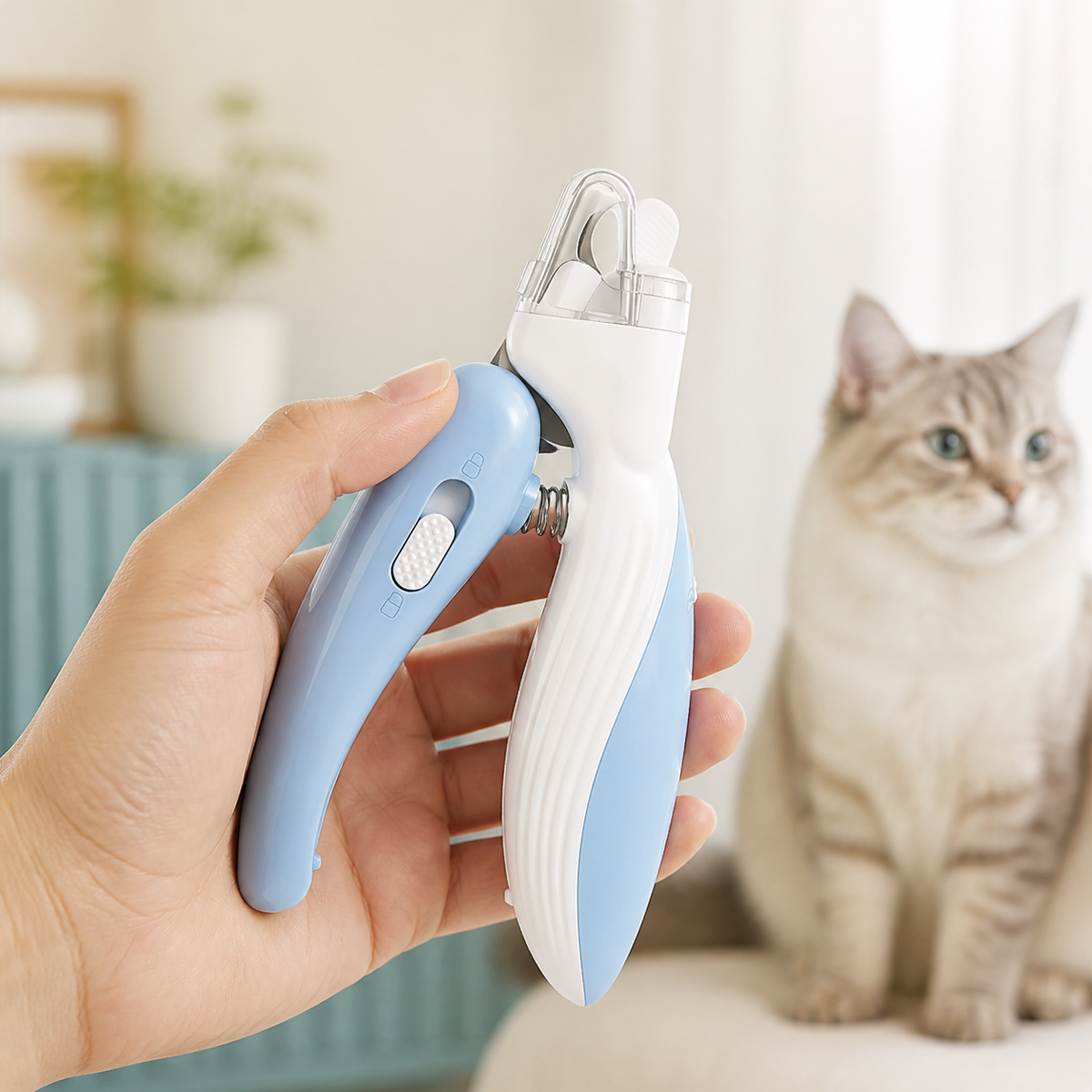 Person using Felivana LED Nail Clippers to trim a cat's nails during at-home grooming