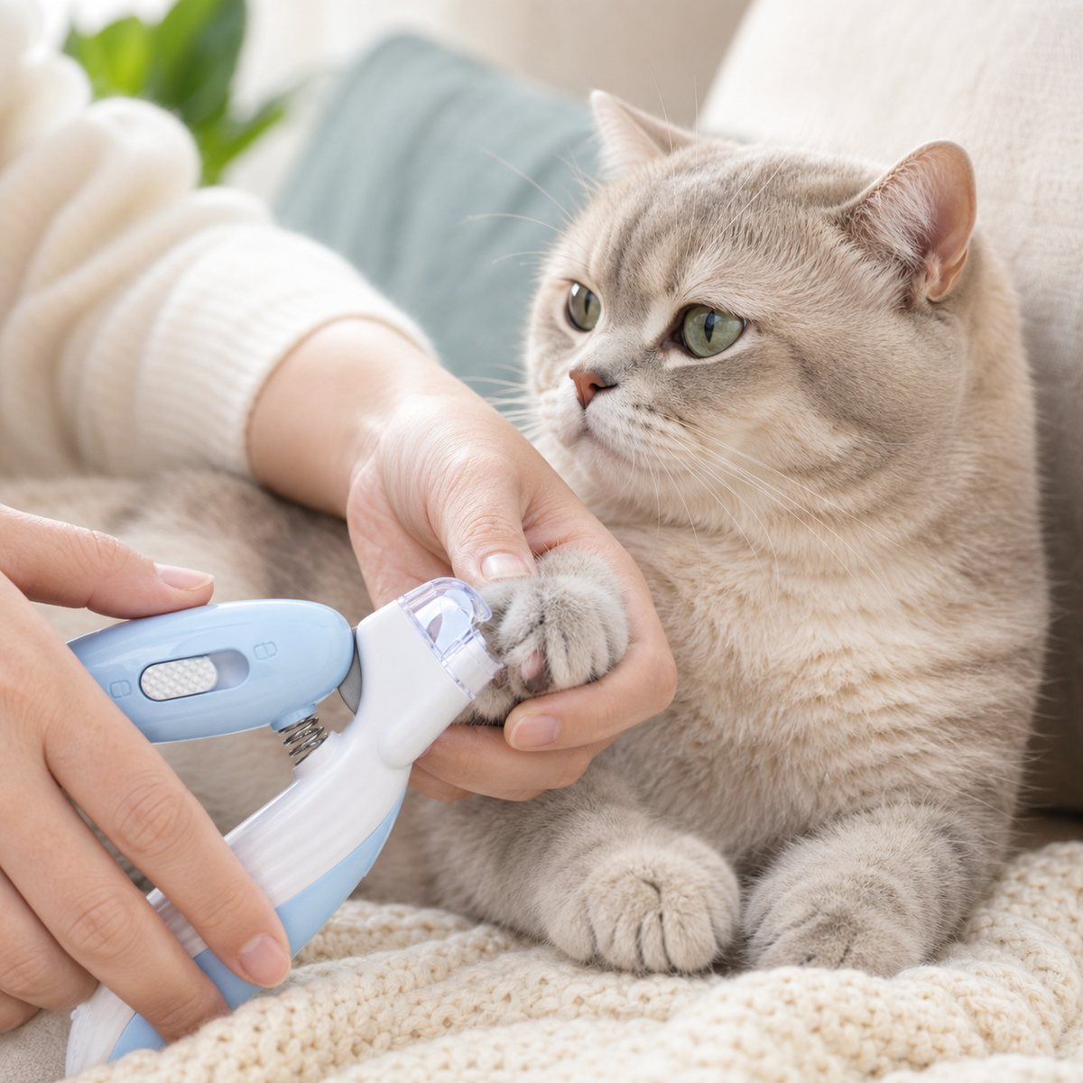 Hand holding Felivana LED Nail Clippers for Cats with a cat visible in the background