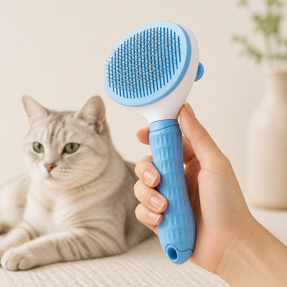 Hand holding Felivana Self-Cleaning Grooming Brush showing handheld size and textured grip