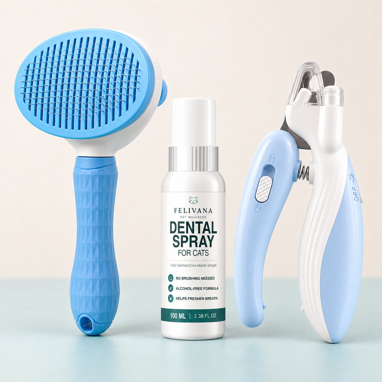 Felivana grooming brush, LED nail clipper, and dental spray bundle