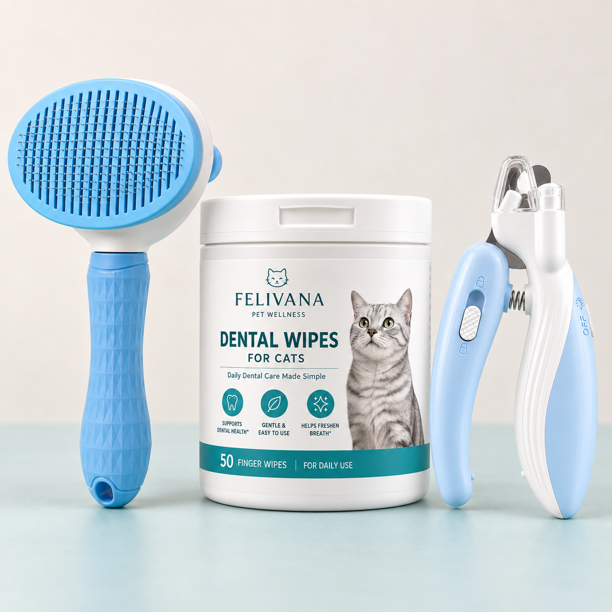Felivana grooming brush, LED nail clipper, and dental wipes bundle