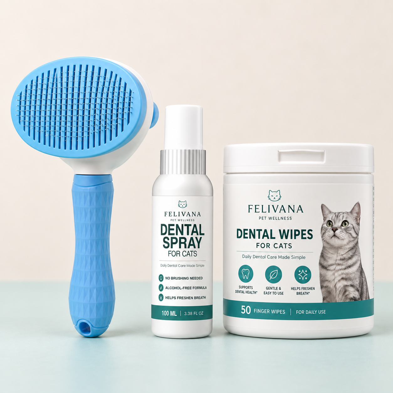 Felivana grooming brush, dental spray, and dental wipes bundle